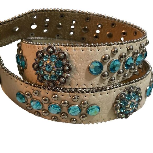 BHW Vintage Women’s White Leather Blue/Silver Rhinestone Studded Western/Cowgirl - Picture 7 of 12